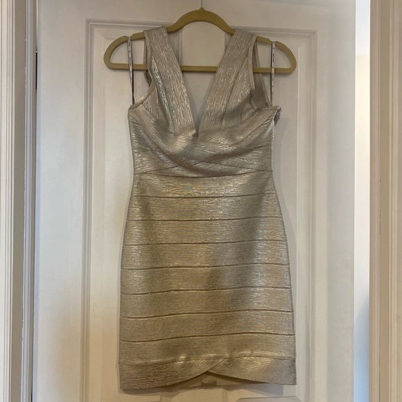 HERVE LEGER V Neck Bandage Dress Bodycon Foil - Picture 3 of 9
